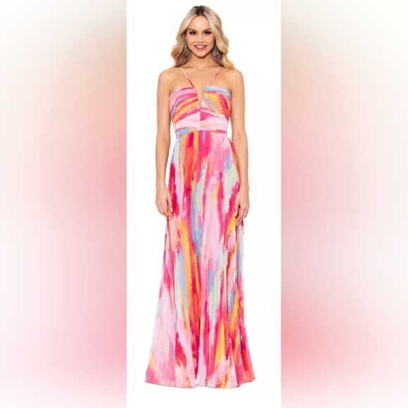 Xscape Water-color Print Pleated Gown NWOT Size 8 (DEFECT) - Picture 1 of 6